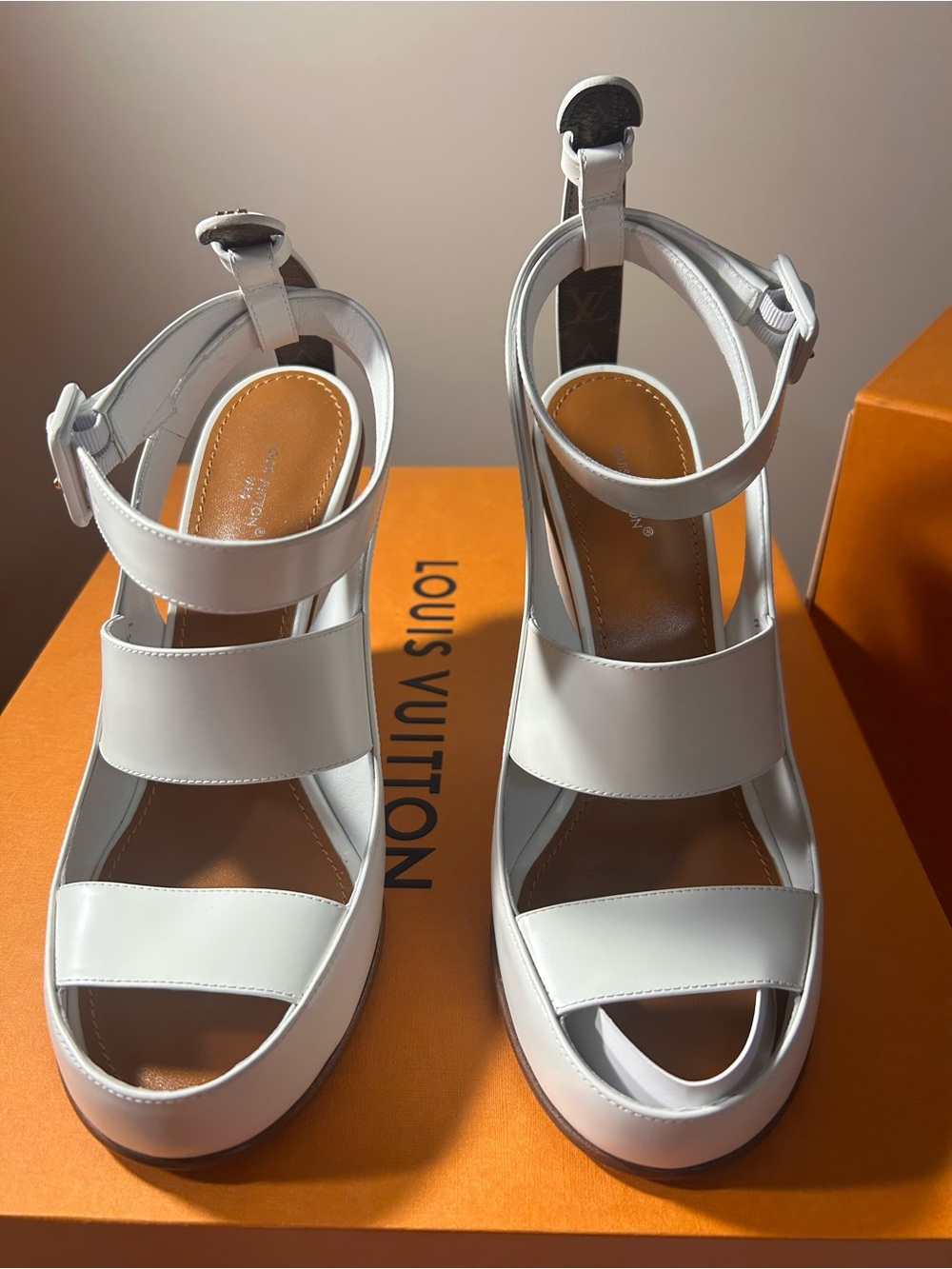 Authentic Louis Vuitton White Leather Platform Sandals with Ankle Strap